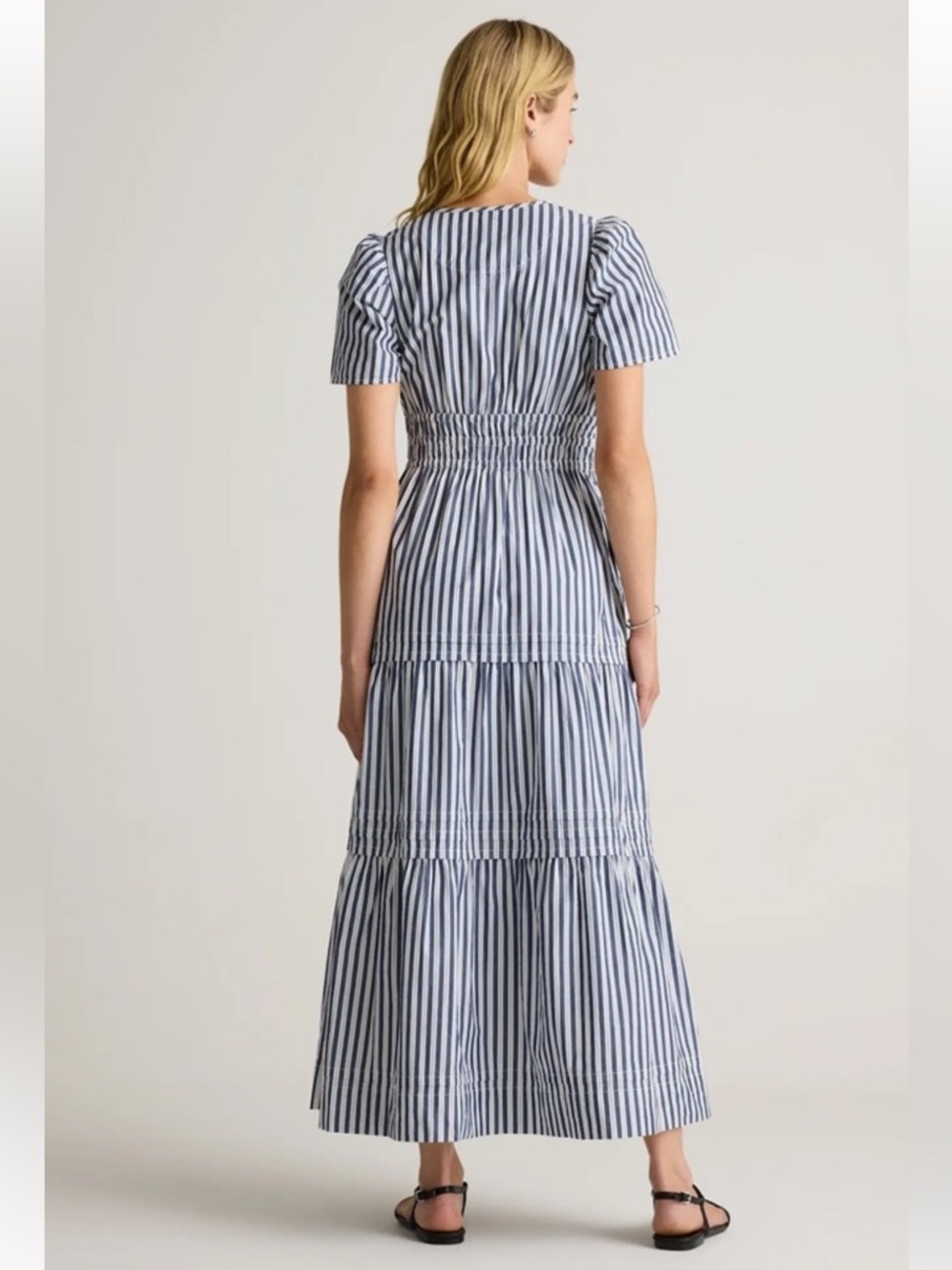 QUINCE 100% Organic Cotton Poplin Tiered Maxi Dress In Hudson Stripe Pockets - Picture 3 of 16